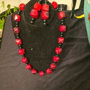 Elegant Red and Black Beaded Necklace Set Handmade